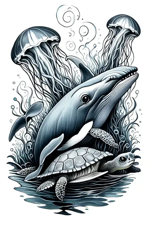 Several Jellyfish With Whale And Turtle