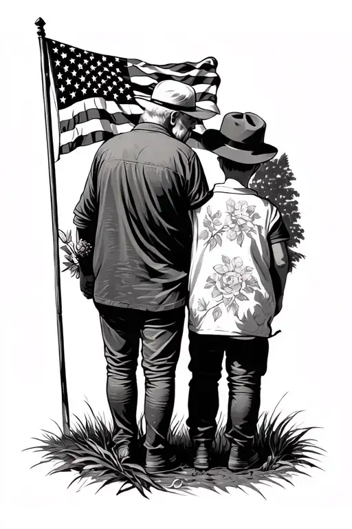 Grandpa With Grandson With Flag In Back