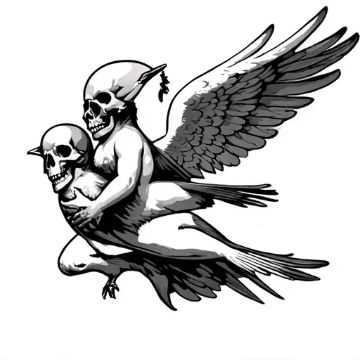 Flying Robin With Flying Angel Holding And Skulls Leaning And Forming
