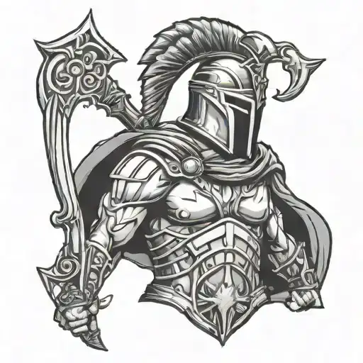 Hooded Spartan Holding Trident Looking Back
