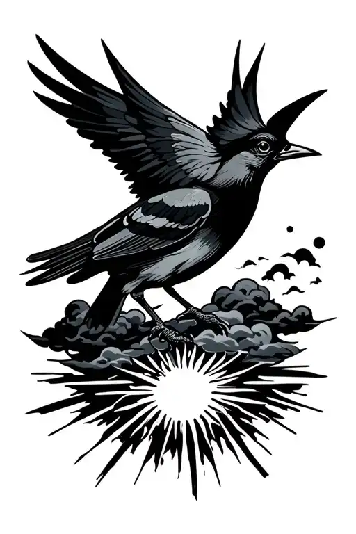 Bird With Sun Rays And Clouds Surrounding