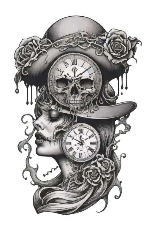 Woman Face With A Clock Melting Skull Instead