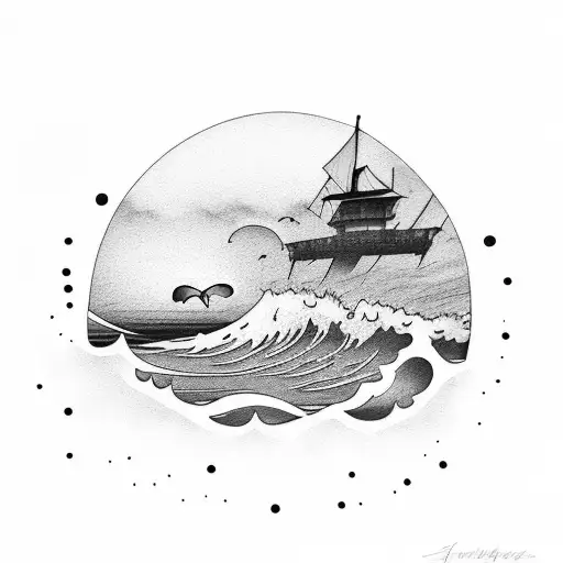 A Black-grey Tattoo Showcasing A Serene Beach With Crashing Waves Under A Beautiful Moonlit Sky