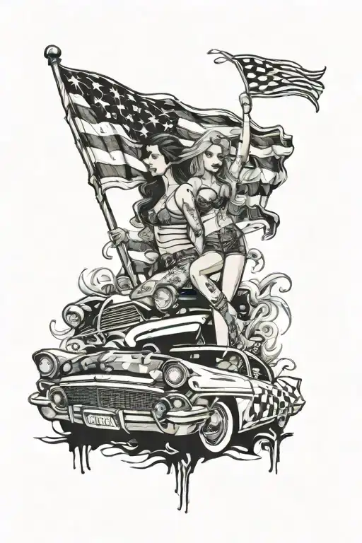 Torn American Flag Morphing Into Checkered Flag With 2 Classic Cars And Girls Posing On Hood