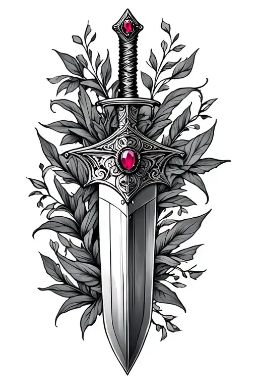 Delicate Dagger With Ruby At Hilt Blade Wrapped In Fine Line Foliage