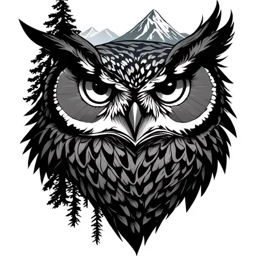 Owl Forest And Mountain Landscape With One
