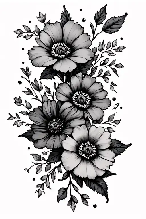 Dainty Spine Tattoo That Displays Birth Flowers For February And July With Small Pops Of Color