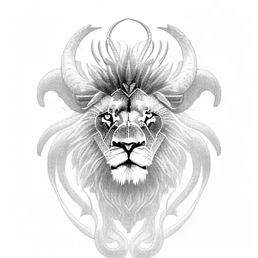 An Intricate Black And Grey Tattoo Of A Lion And Goat Intertwined In Harmony