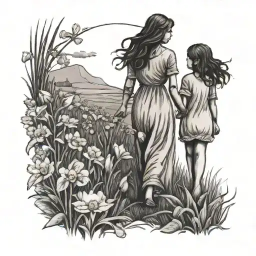 Mother And Daughter Holding Hands Walking In Field Of Flowers Marigold And Narcissus