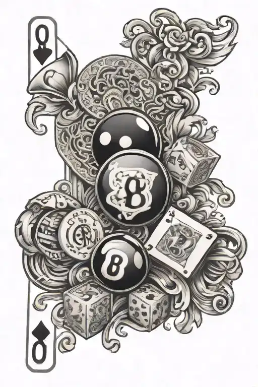 Playing Cards With Dice Money And An 8 Ball Around It