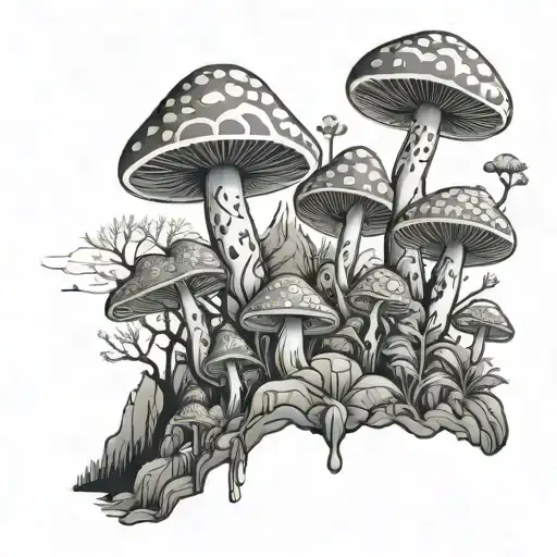 An Intricate Design Of Psychedelic Mushrooms Growing On A Mountain Peak