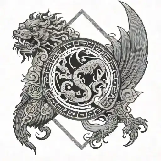 A Unique Design Combining Ancient Chinese Motifs And Tarot Card Elements In A Black-grey Style