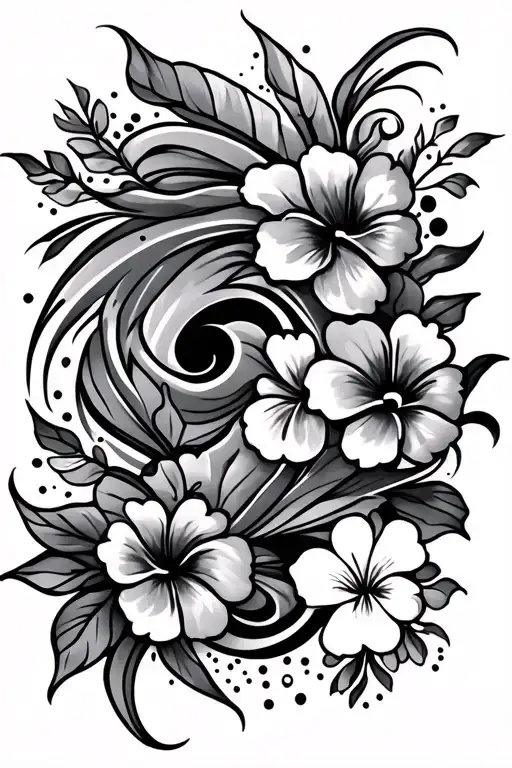 Hawaiian Styled Tattoo On The Hip With Flowy Swirling Lines And Dots And Pikake Flowers