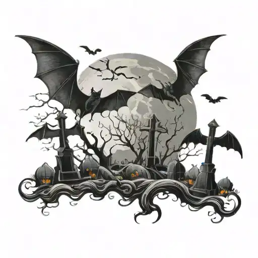 A Spooky Graveyard Scene With A Full Moon And Bats Silhouetted Against It