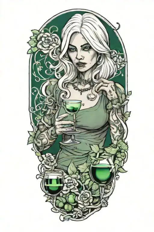 Silver Haired Girl Drinking Green Plasma From A Wine Glass