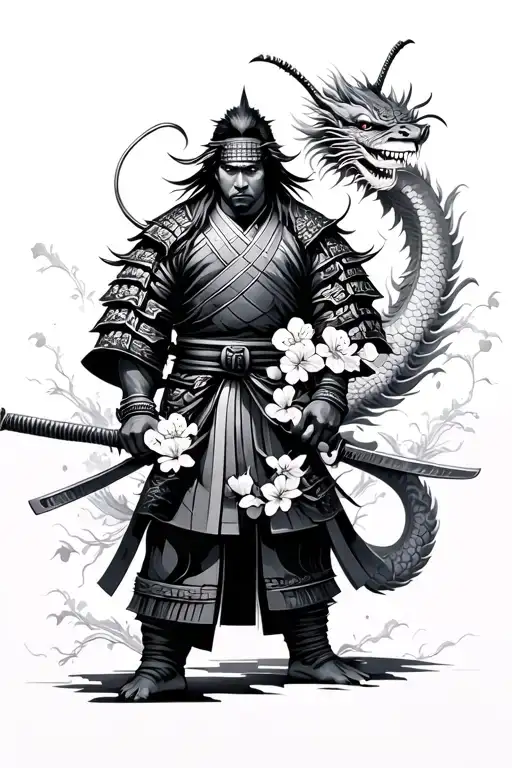 Samurai Warrior With Cherry Blossom And Dragon Wrapped