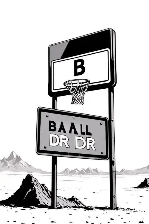 Road Sign Saying B Ball Dr With A Run Down Basketball Court In The Background And Mountains In The D