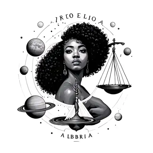 Full Body Black Woman With Afro Libra Scale Surrounded With Planets