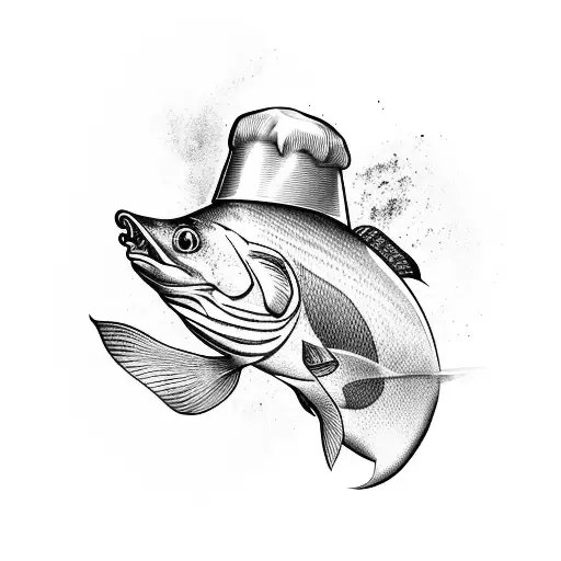 A Black-grey Tattoo Of A Fish Wearing A Chef's Hat