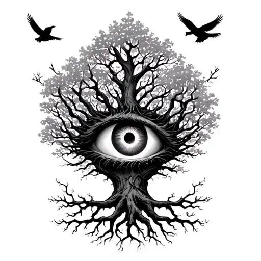 Poison Tree With Eye Over Roots In The Middle And Doves Flying