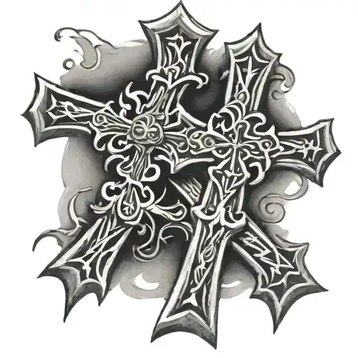 Two Chrome Hearts Crosses Overlapping Eachother With A Design Behind Them