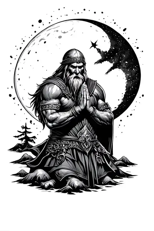 Viking Warrior Praying To The Moon Surrounded