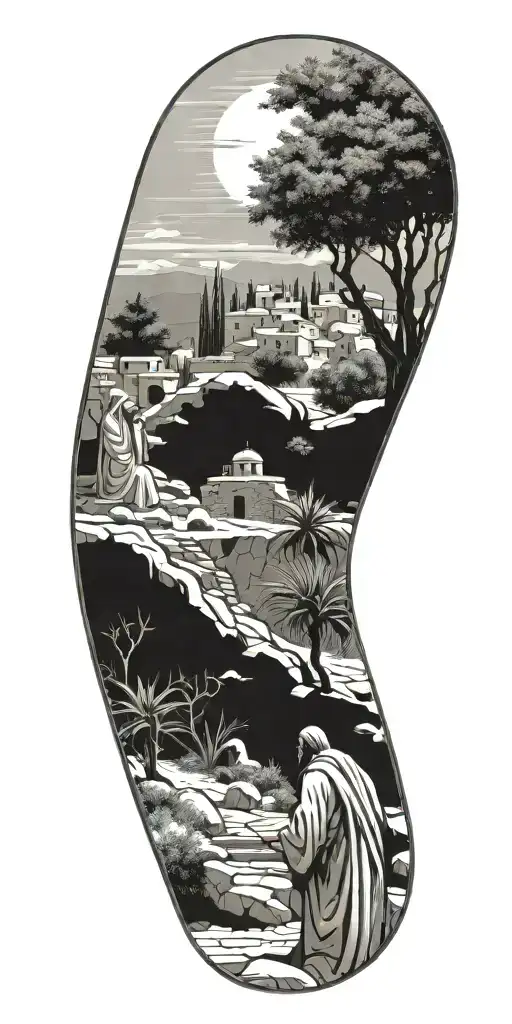 A Detailed Illustration Of The Garden Of Gethsemane With Jesus Praying