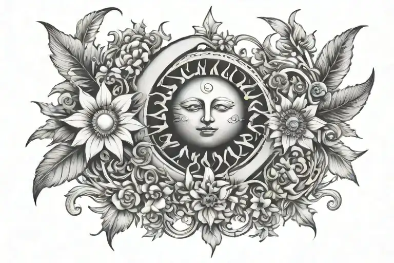 Whispy Sun And Moon Intertwined With Throns And Flowers