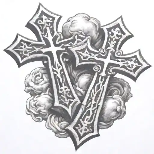Two Chrome Hearts Crosses Very Close To Eachother With A Simple Design Behind Them