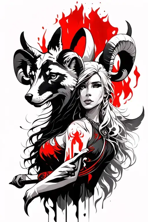 Warrior Woman With Wolf And Ram