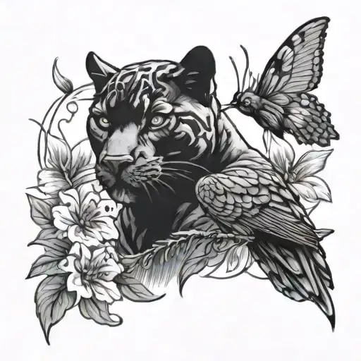 Black Panther And A Hummingbird Coexisting