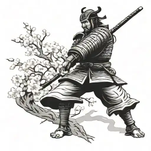 Samurai Standing Against A Cherrytree