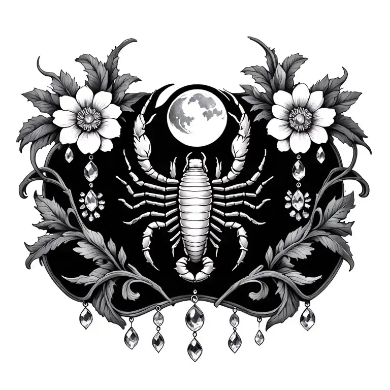 Vines With Flowers With Dangling Jewels With Scorpion In The Center With A Moon Above It