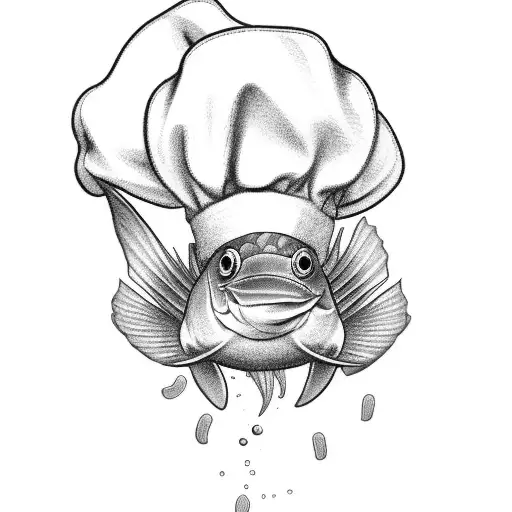 A Black-grey Tattoo Of A Fish Wearing A Chef's Hat
