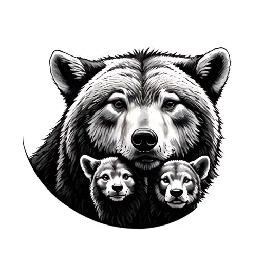 A Bear Protecting Its 2 Cubs From A Wolf Realistic