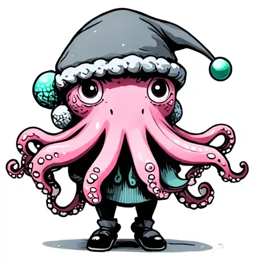 Small Pink Octopus In Winter Clothing Standing Human Like Anime Style