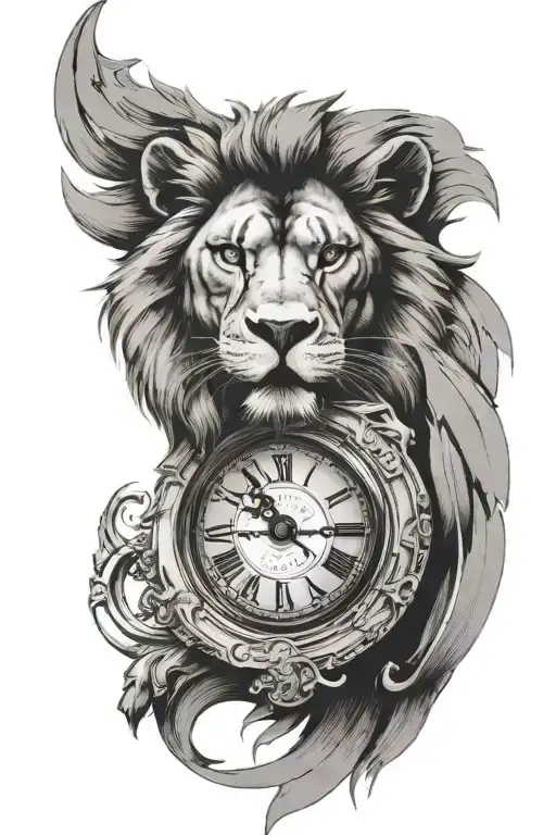 A Tilted Clock With Roman Numerals From Which A Lion's Head Emerges With Its Mouth Open