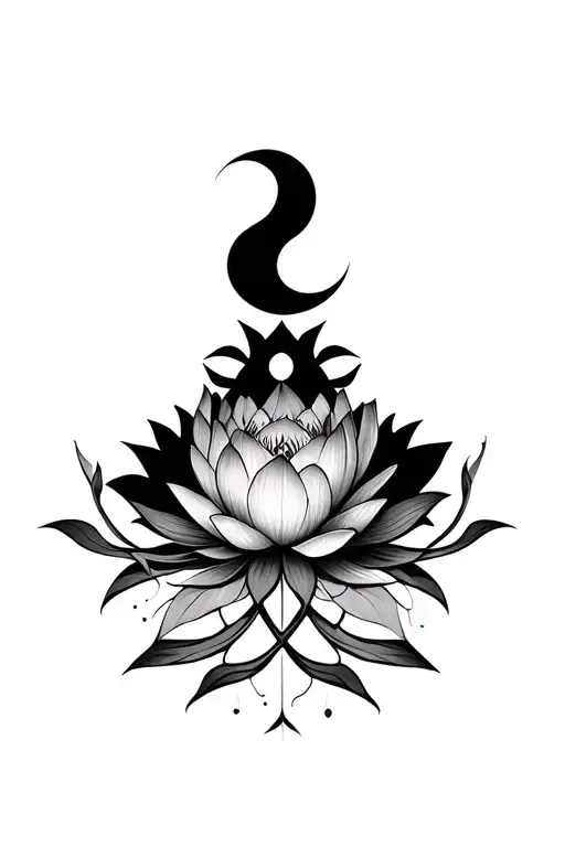 Geometric Vines Below Blooming Lotus In The Center With Crescent Moon Above