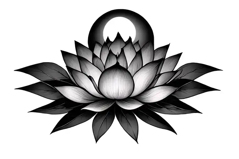 Geometric Below Blooming Lotus With Crescent Moon Above