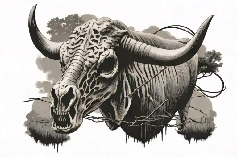 Longhorn Bull Skull With Barbwire Fence And Field In Background