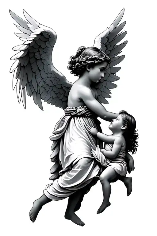Angel With Wings Protecting A Child Tattoo Design