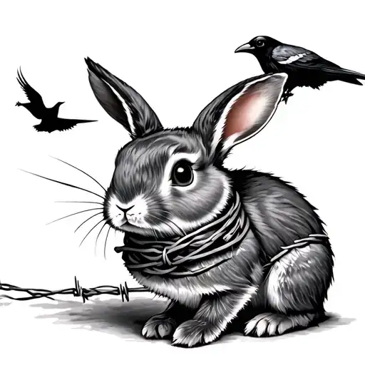 A Bunny With Barb Wire Wrapped Around It Leading To A Crow With Bsrbwire