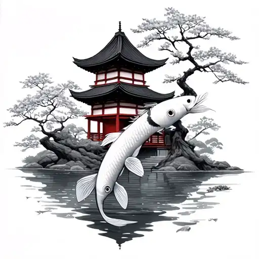 Japanese Temple Cherry Tree Koi Fish Swimming