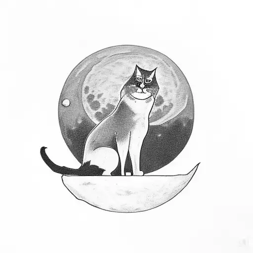 Old Cartoon Style Black Cat Silhouette Sitting In Moon