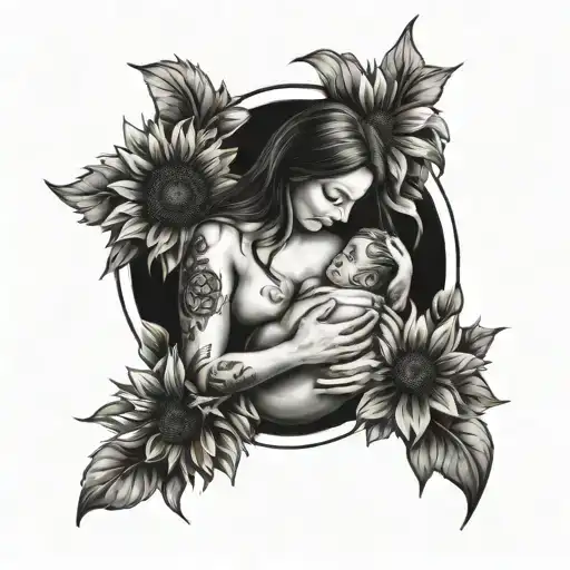 Mom Breastfeeding Surrounded By Sunflowers