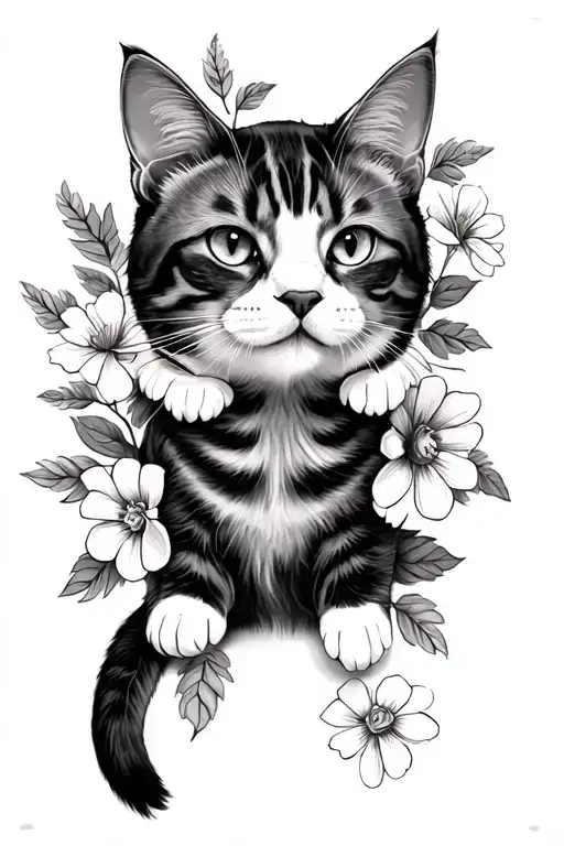 Cat With Flowers Lying On Back