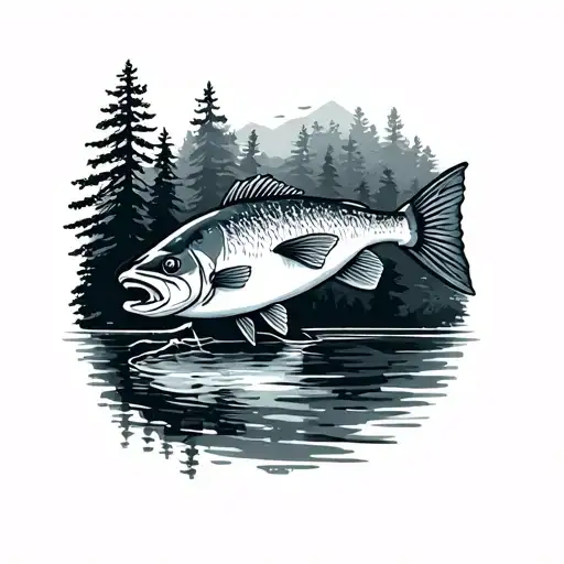 Walleyes Fish With Trees And Water In The Background With Wood Boarder