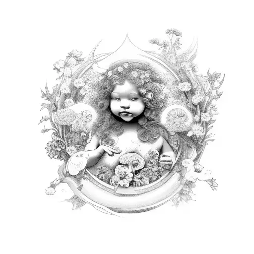 A Cherub With Flowing Hair Surrounded By A Garden Of Vibrant Flowers