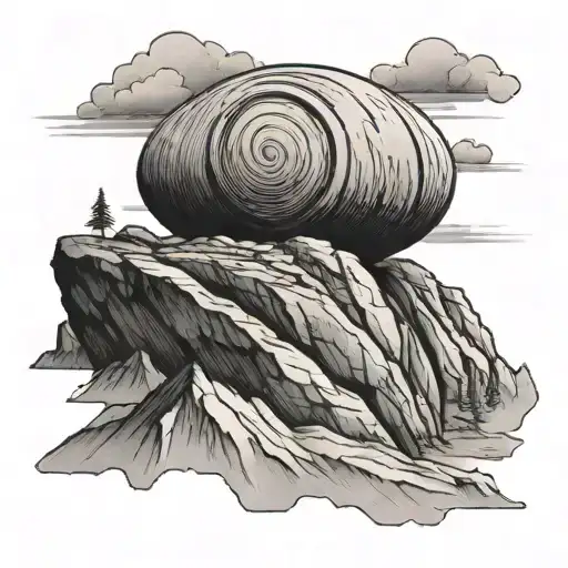 A Black And Grey Tattoo Of A Curling Stone On Top Of A Mountain Peak