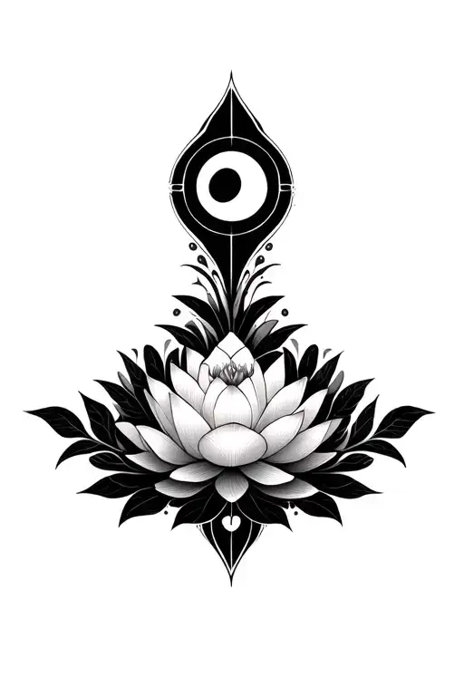 Geometric Vines Below Blooming Lotus In The Center With Crescent Moon Above
